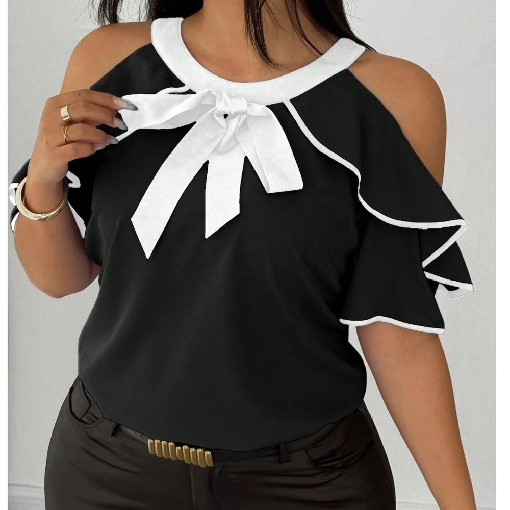 Plus Color Block Cold Shoulder Ruffle Detail Short Sleeve Blouse - Picture 2 of 11